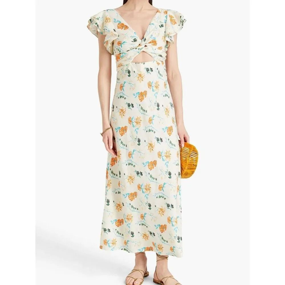 SOLID & STRIPED The Renata Cutout Floral Print Linen Blend Midi Dress
